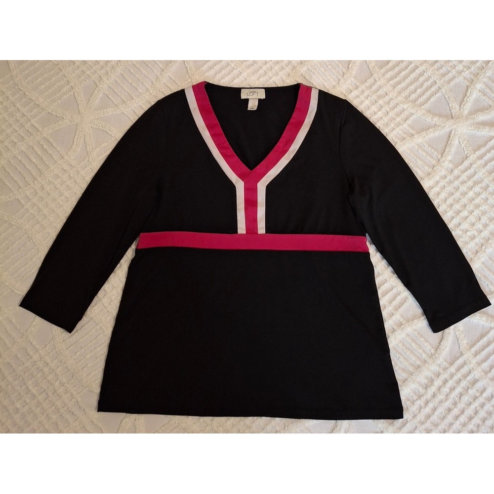 Ann Taylor Loft Large Top Black Pink Colorblock V-Neck 3/4 Sleeve Stretch Shirt